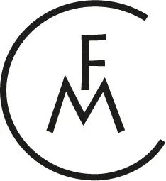 Logo firmy fmceramika, litery F oraz M  połączone ze sobą wewnątrz okręgu